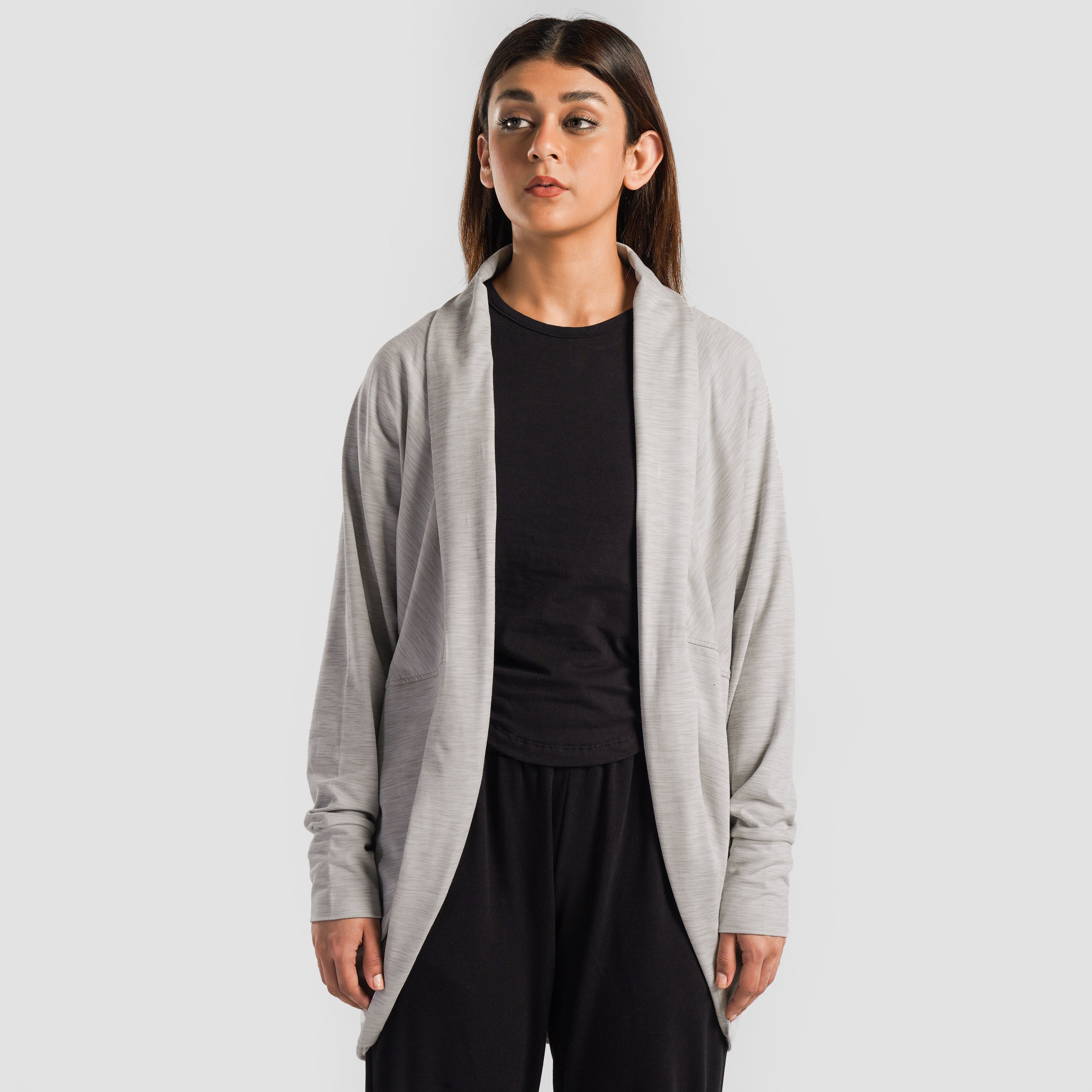 Casual Curved Hem Cardigan (Silver Grey)