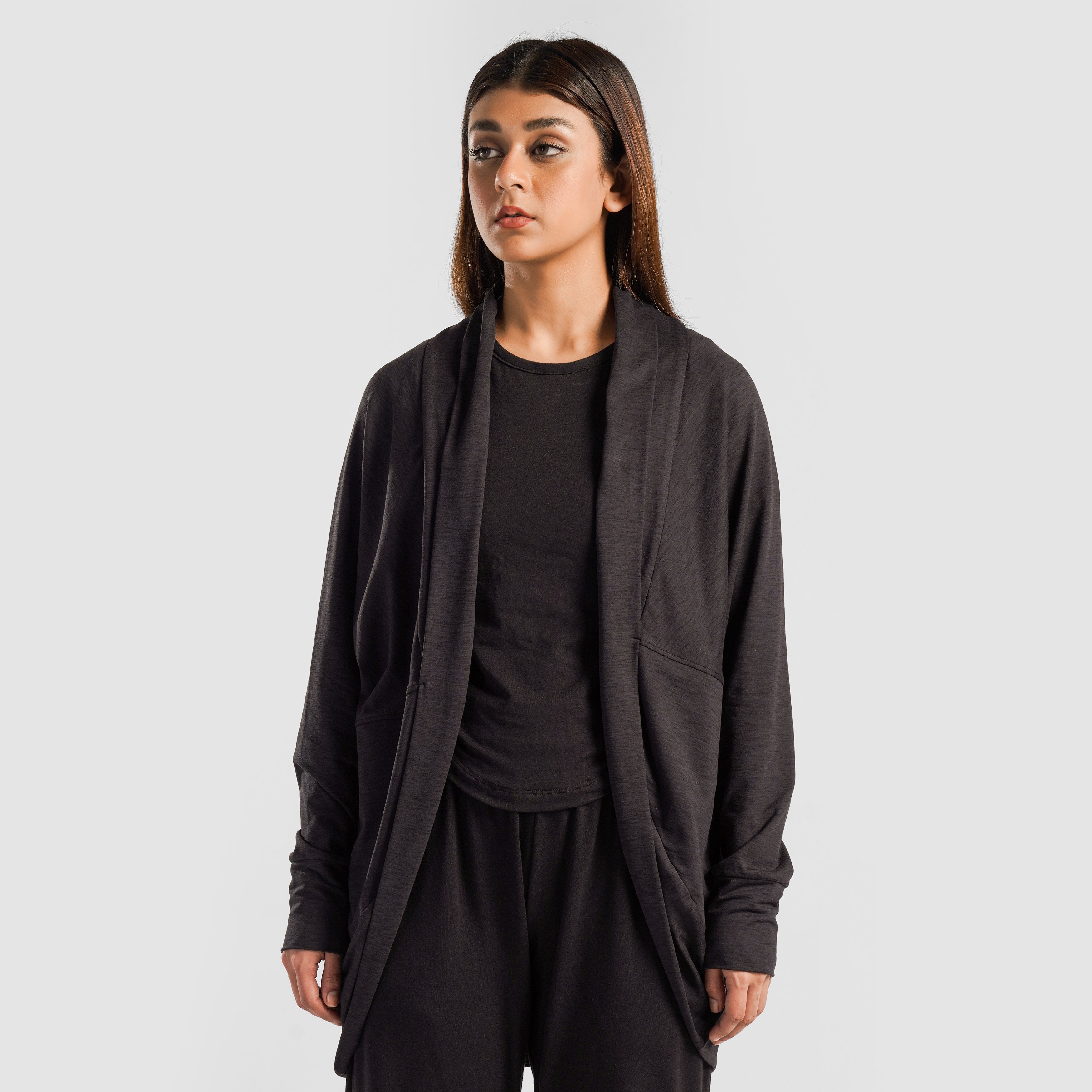 Casual Curved Hem Cardigan (Charcoal)
