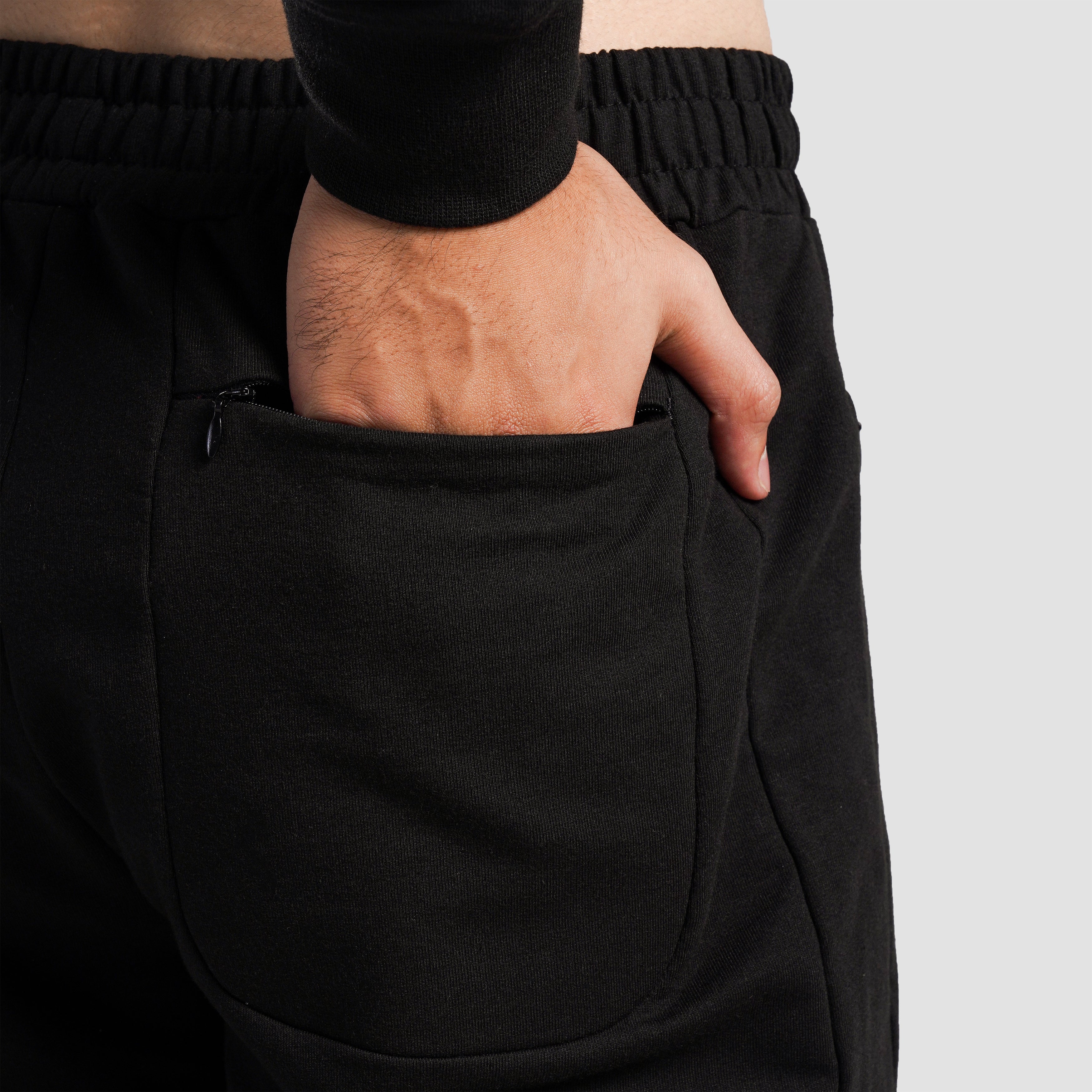 Close-up stitching detail on Black Athletic Trousers for men