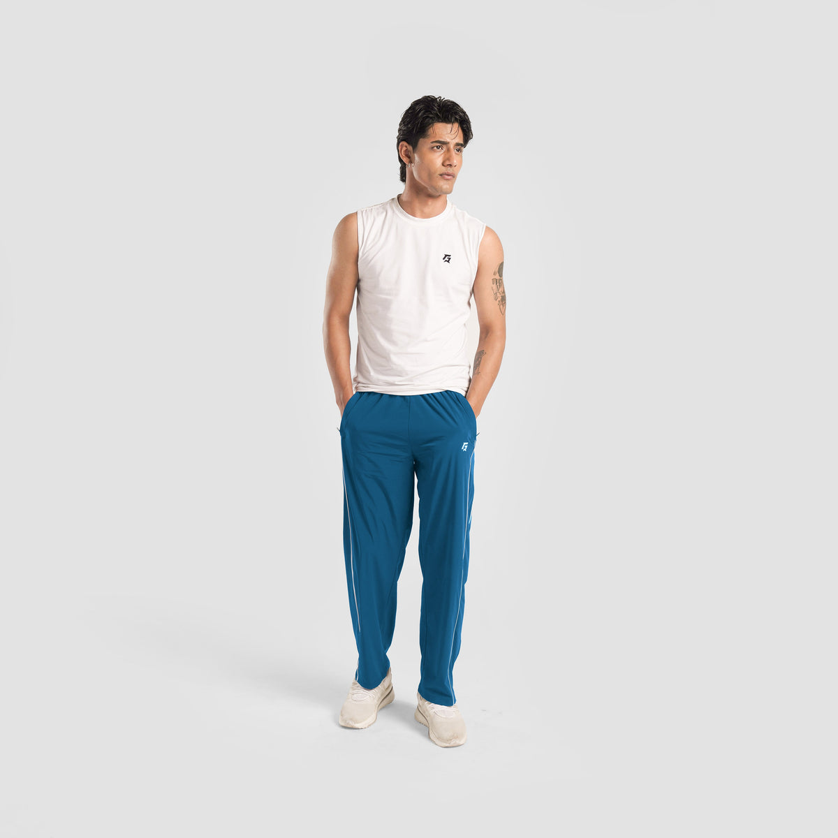 Full-length view of Aqua Blue Erecto Stride Trousers for men