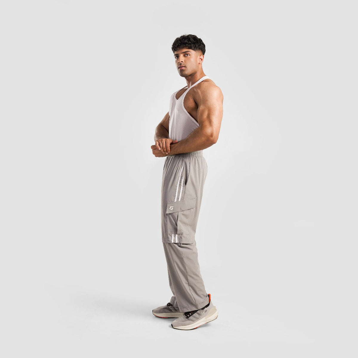 Full-length view of Light Grey Stride Stripe Trousers for men