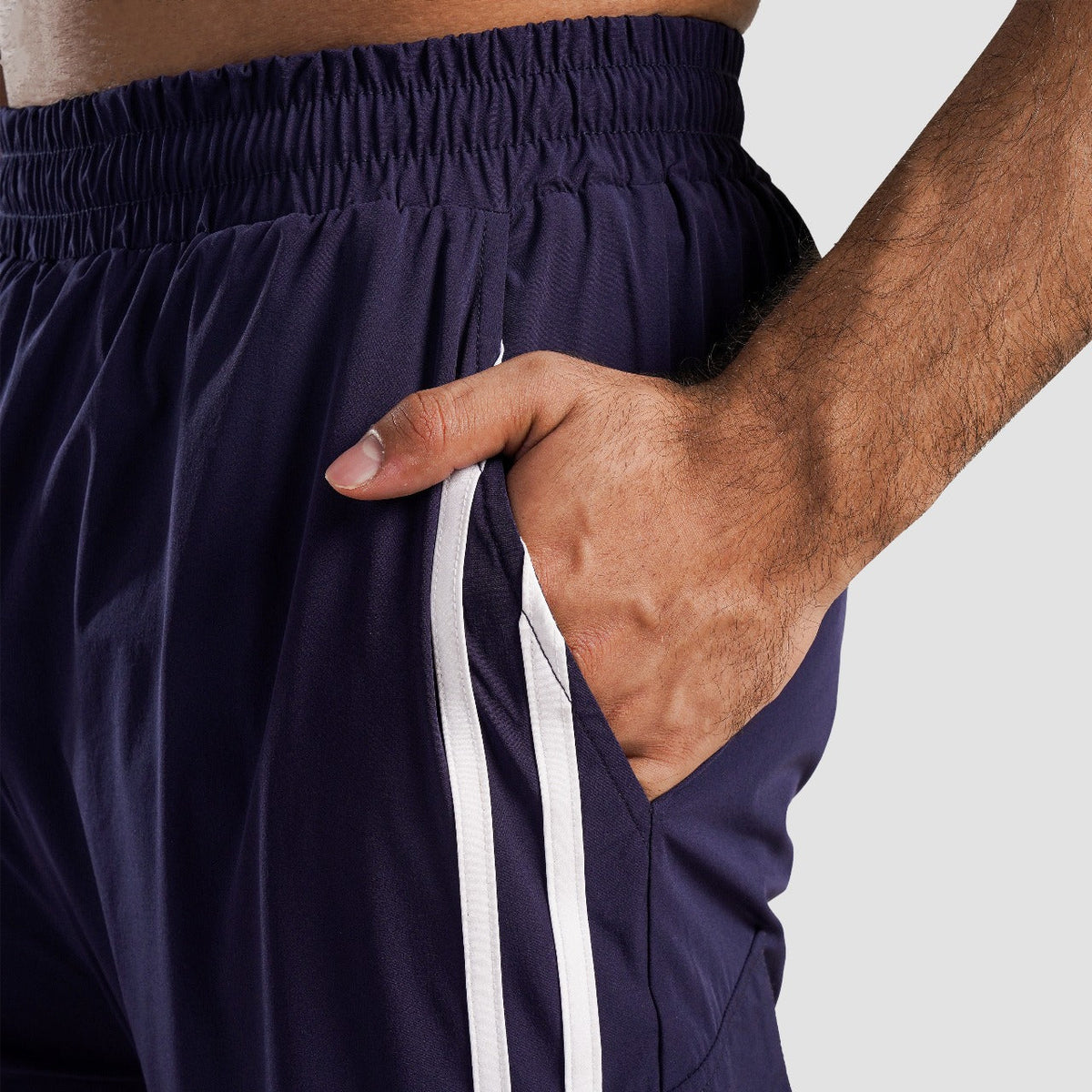 Fabric texture close-up of Navy Stride Stripe Trousers for men