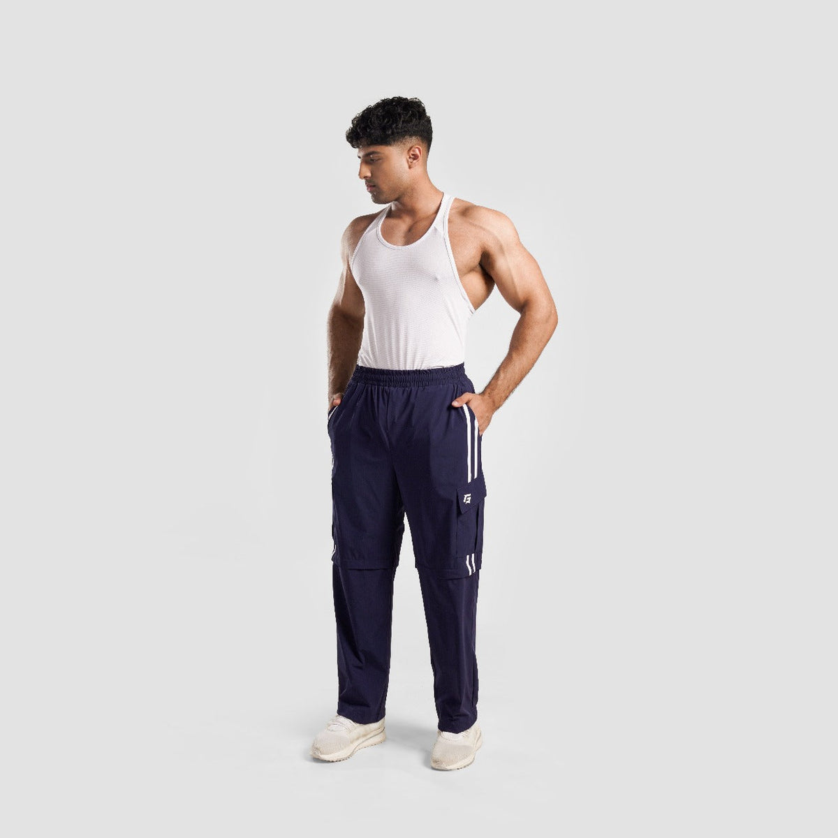 Full-length view of Navy Stride Stripe Trousers for men