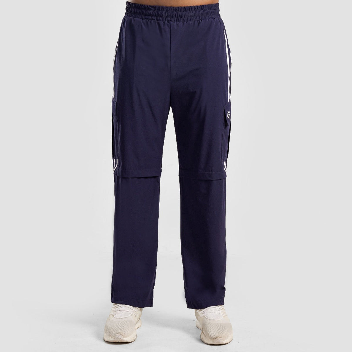 Back view of Navy Stride Stripe Trousers for men