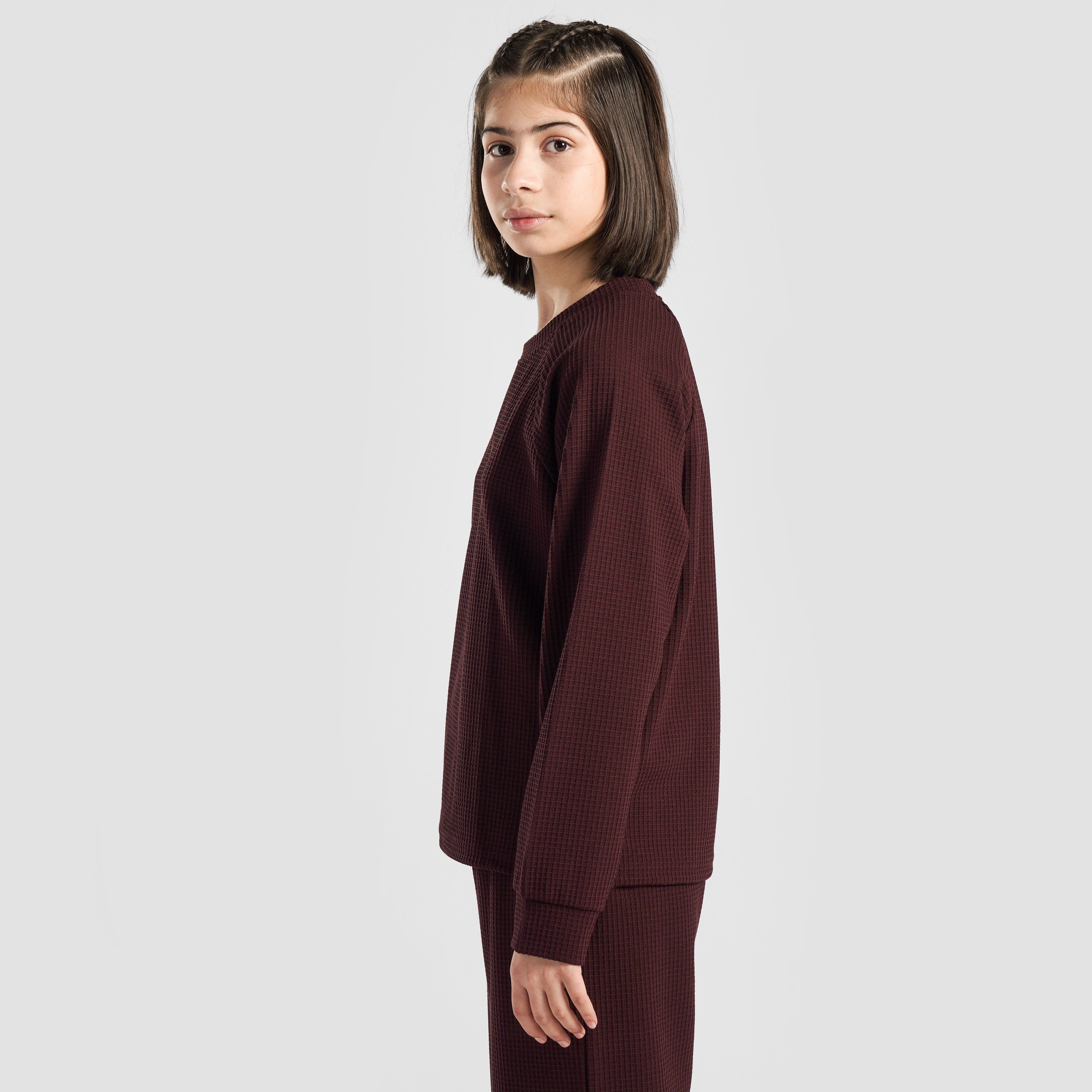 Comfy Waffle Knit Crew Top (Maroon)